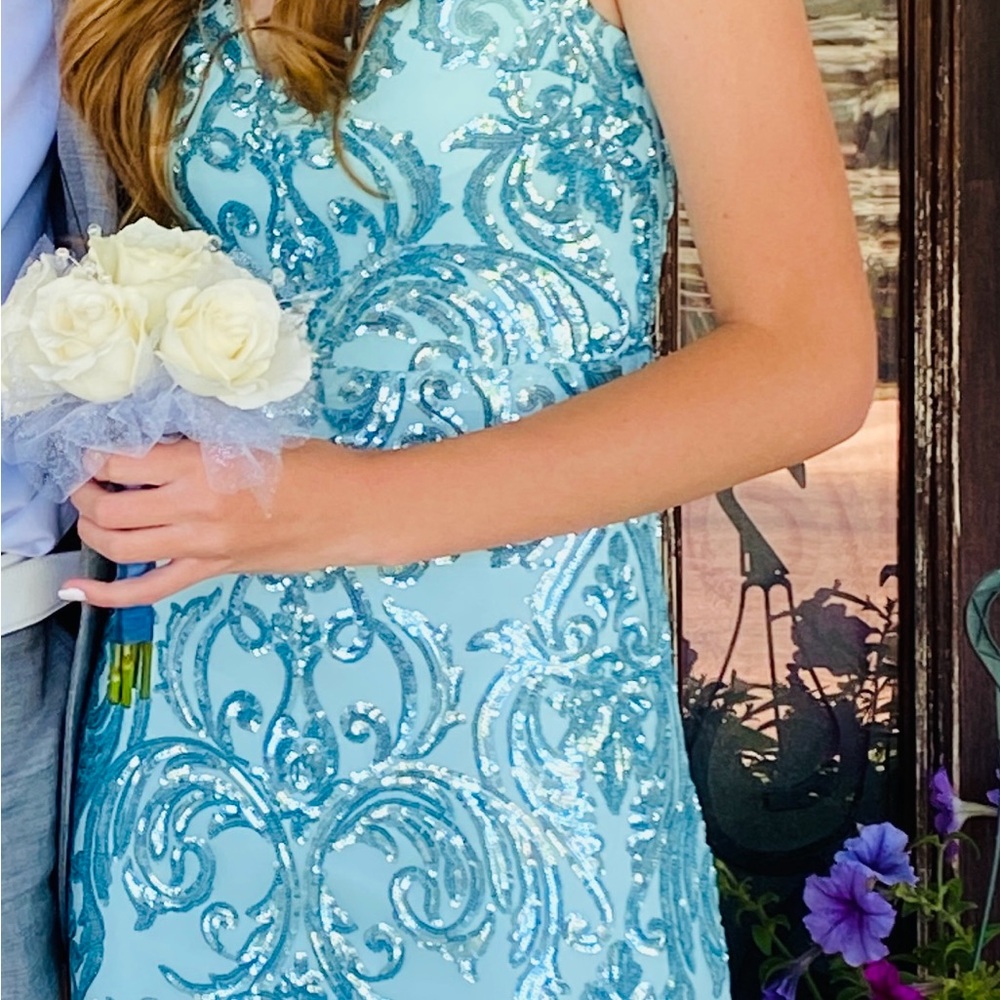 Light blue prom dress. Damask sequins design in contrast blue.